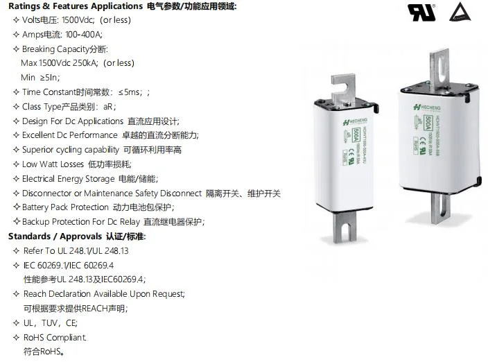 High Voltage DC Square Body Series Fuse Electric Vehicle Fuse 1500VDC 100-400A 250ka Ar RoHS Compliance CE